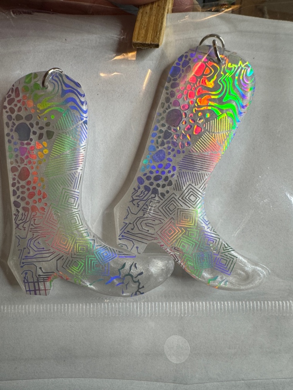 Holographic cowgirl boots earrings